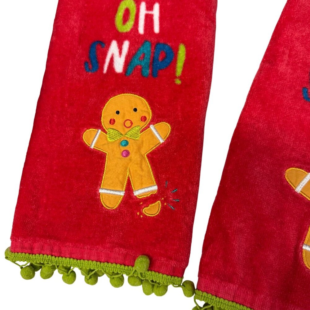 Holiday Decorative Hand Towels Set Of 2 "Oh Snap!" Gingerbread Design With Pom-P - Picture 3 of 5
